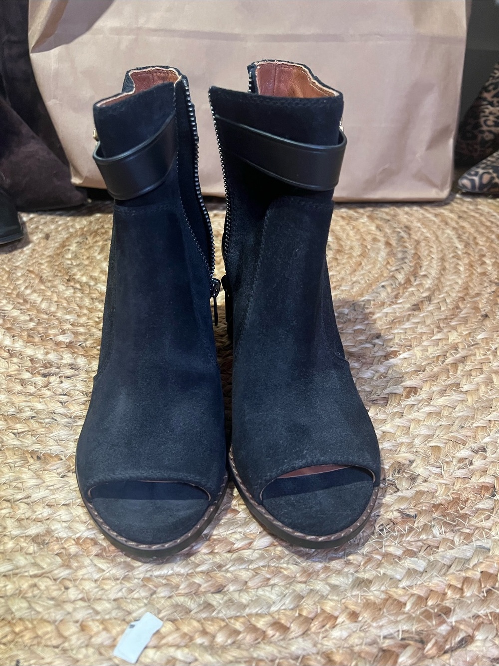 Coach Black Suede Open-Toe Tea Rose Ankle Boots - Women's